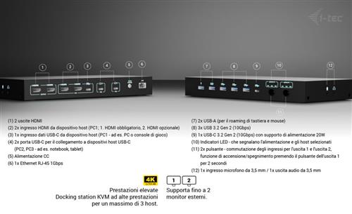I-TEC USB-C KVM DOCKING STATION FOR 3 HOSTS DUAL DISPLAY POWER D