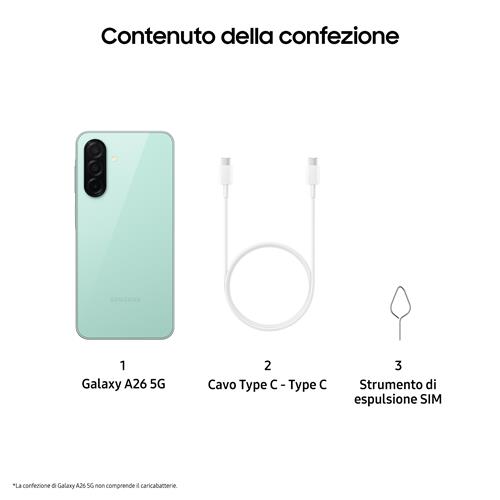 Samsung Galaxy A26 5G, Smartphone con Funzioni intelligenti, Display Super AMOLED 6.7”, 8GB RAM, 256GB, Batteria 5.000 mAh, memoria espandibile, Mint