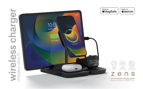 ZENS 4-IN-1 MODULAR WRLS CHRG STATION INCL WALL CHARGER-BLACK