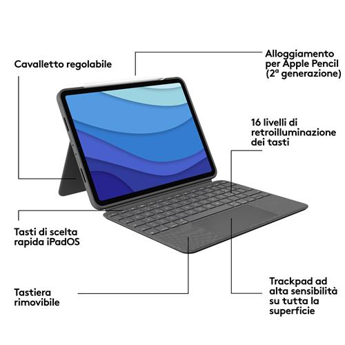 Logitech Combo Touch Custodia con Tastiera per iPad Pro 11 pollici (1a, 2a, 3a gen - 2018, 2020, 2021) - Tastiera Retroilluminata Rimovibile, Trackpad, Smart Connector - Grigio