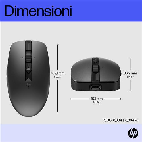 HP 715 Rechargeable Multi-Device mouse Ufficio Ambidestro RF senza fili + Bluetooth 3000 DPI