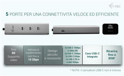 I-TEC USB-C CHARGE HUB 5 PORTS WITH USB-C VIDEO 8K PD 85W