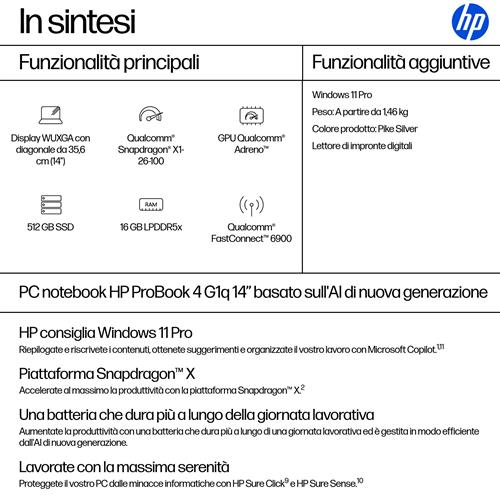HP ProBook 4 G1q Next Gen AI PC Copilot+ PC Qualcomm Snapdragon X1-26-100 Computer portatile 35,6 cm (14