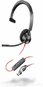 POLY Blackwire 3310 Monaural Microsoft Teams Certified USB-C Headset +USB-C/A Adapter Auricolare Cablato A Padiglione Business/Everyday Nero