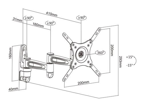 WALL BRACKET 3 JOINTS 200X200 ROTATABLE 360 BLACK